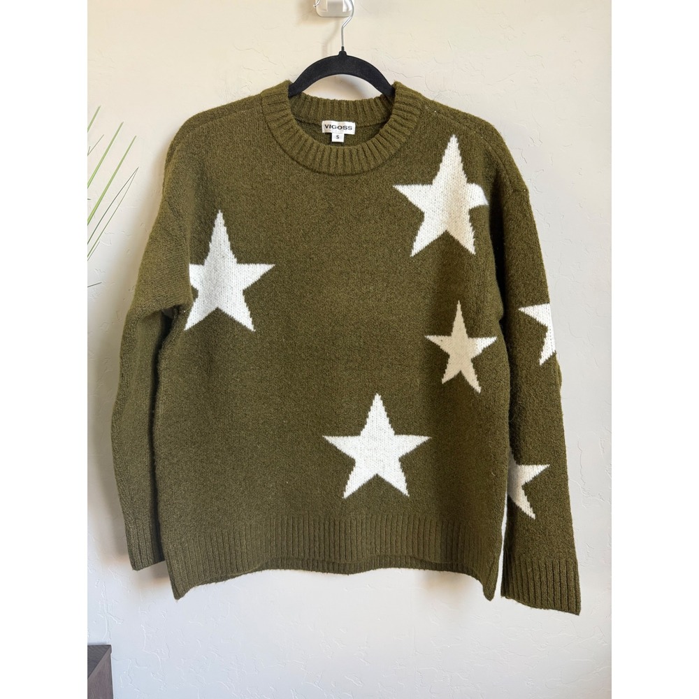Vigoss Women Olive Green Star Intarsia Crewneck Sweater VC-W01072A Small NWT